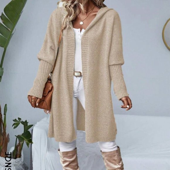 . Sweaters - Beige Casual Womens Batwing Sleeve Hooded Duster Cardigan